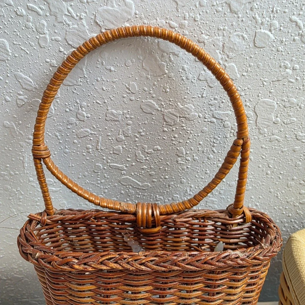 Small Basket Pair Green Bow Ribbon Wall Hanging & Tan Fabric Lined Rectangle